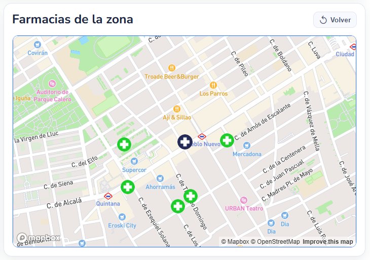 Mapa con las farmacias del entorno en HealthFinder Digital